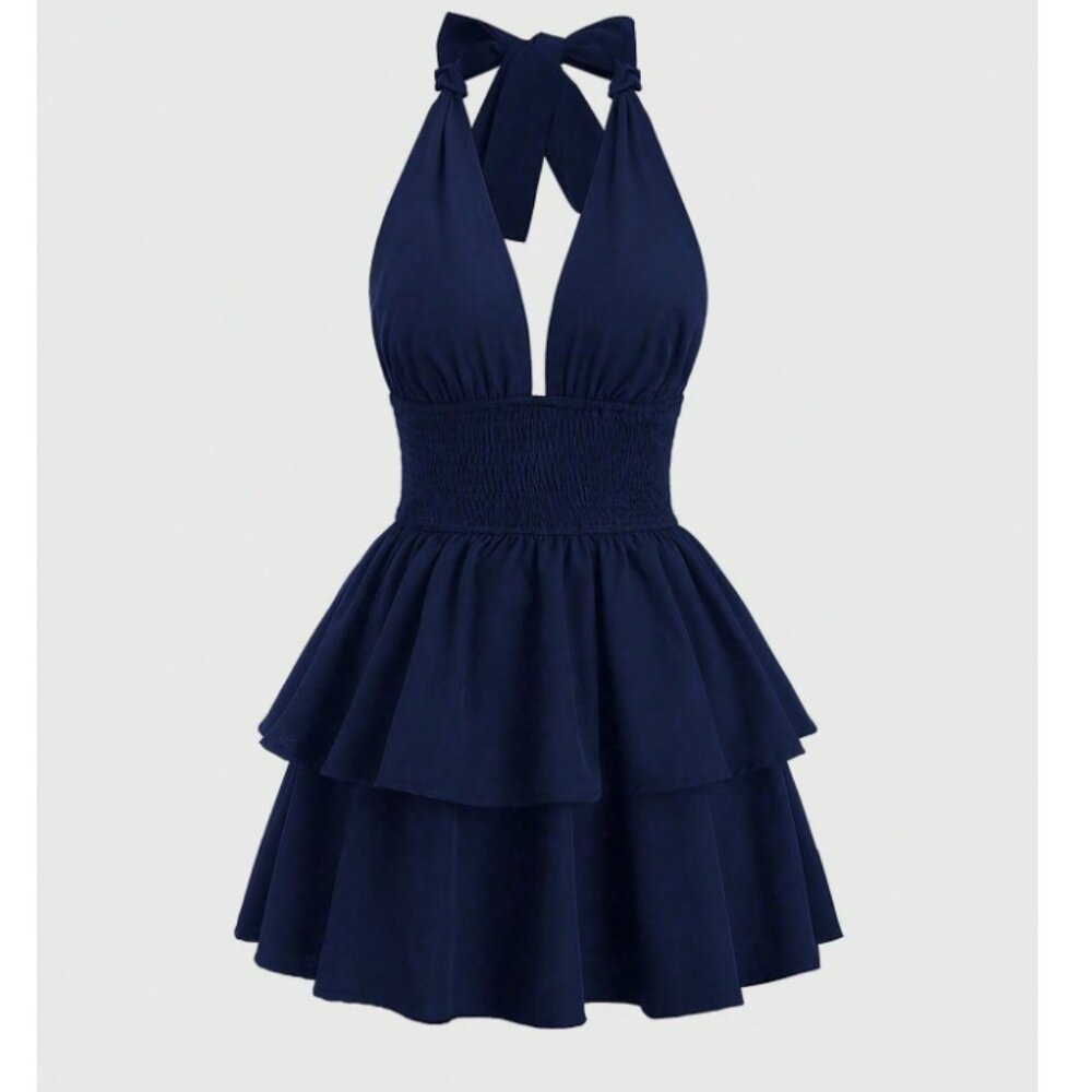 Solid Color Cinched Waist Open Back Sling Midi Dress-  NAVY BLUE - M (6)